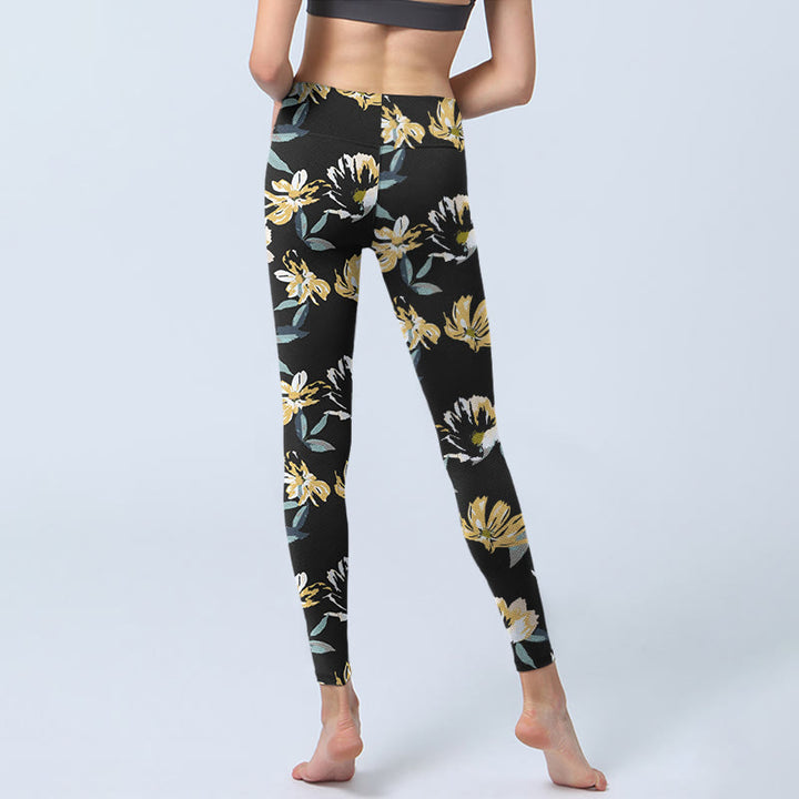 Leggings da palestra con stampa a fiori gialli e bianchi, pantaloni da yoga da donna, modello Buddha Stones - image 6