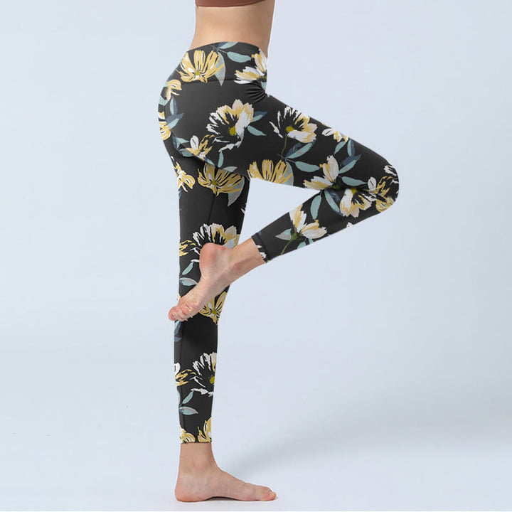 Leggings da palestra con stampa a fiori gialli e bianchi, pantaloni da yoga da donna, modello Buddha Stones - image 5