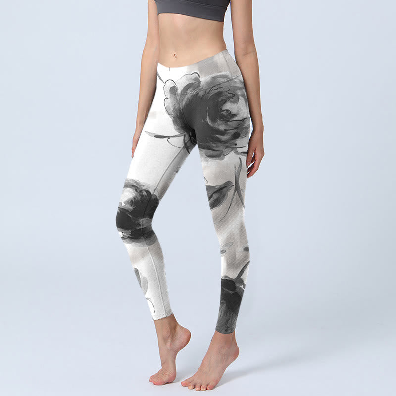 Leggings da palestra con stampa di rose acquerello Buddha Stones, pantaloni da yoga da donna - Bianco - US18, UK/AU22, EU50 (4XL) - image 1
