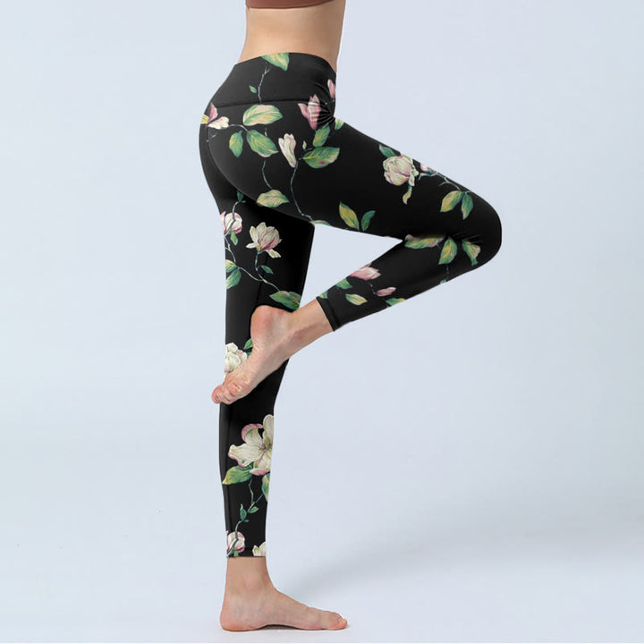 Leggings da palestra con stampa a fiori di magnolia Buddha Stones, pantaloni da yoga da donna - image 4