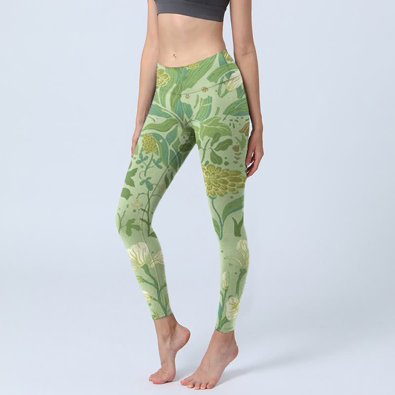 Leggings da palestra con stampa di Buddha Stones, vari fiori e foglie, pantaloni da yoga da donna - Verde pallido - US18, UK/AU22, EU50 (4XL) - image 0