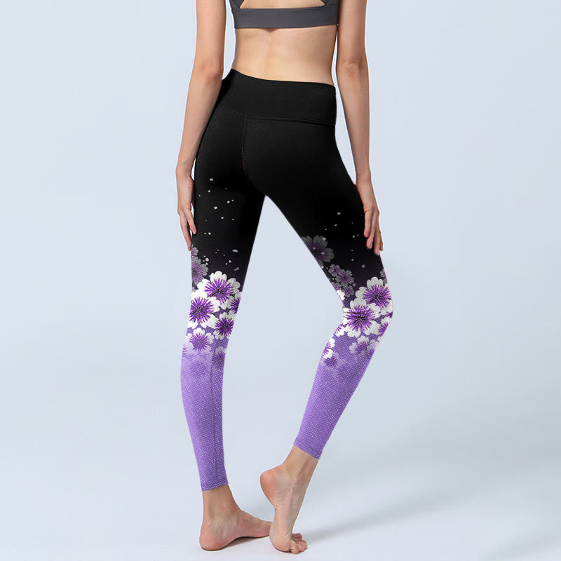 Leggings da palestra con stampa di fiori di ciliegio, bianchi e viola , da donna, pantaloni da yoga - image 3