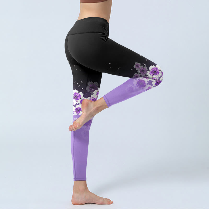 Leggings da palestra con stampa di fiori di ciliegio, bianchi e viola , da donna, pantaloni da yoga - image 5