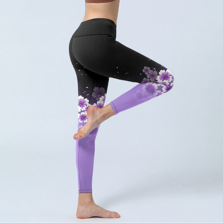 Leggings da palestra con stampa di fiori di ciliegio, bianchi e viola , da donna, pantaloni da yoga - image 4