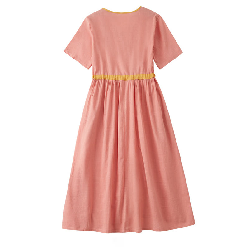 Abito midi estivo casual con cuciture colorate, scollo a V, maniche corte, allacciatura a V, Buddha Stones - image 1