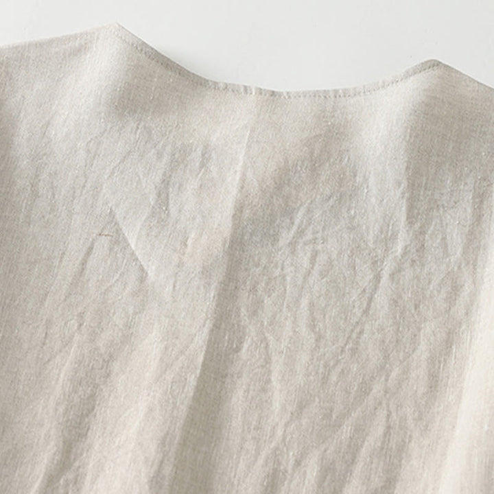 Abito midi in lino e cotone con maniche corte, scollo a V, modello casual estivo Buddha Stones, con tasche, modello semplice - image 3