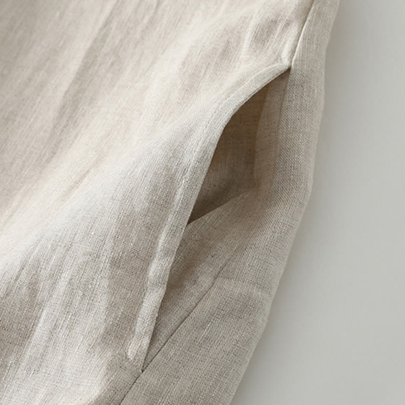 Abito midi in lino e cotone con maniche corte, scollo a V, modello casual estivo Buddha Stones, con tasche, modello semplice - image 6