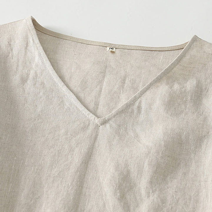 Abito midi in lino e cotone con maniche corte, scollo a V, modello casual estivo Buddha Stones, con tasche, modello semplice - image 2