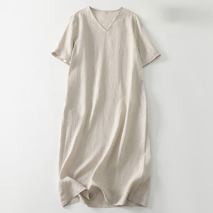 Abito midi in lino e cotone con maniche corte, scollo a V, modello casual estivo Buddha Stones, con tasche, modello semplice - Beige - US8-10, UK/AU12-14, EU40-42 (2XL) - image 0