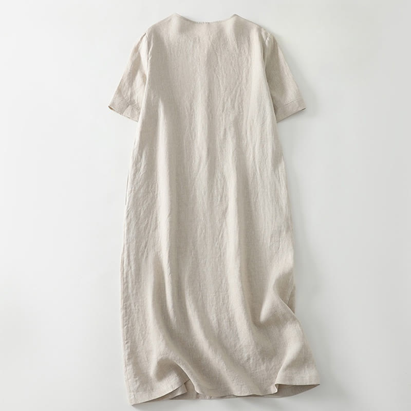 Abito midi in lino e cotone con maniche corte, scollo a V, modello casual estivo Buddha Stones, con tasche, modello semplice - image 1