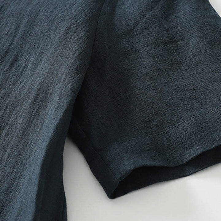 Abito midi in lino e cotone con maniche corte, scollo a V, modello casual estivo Buddha Stones, con tasche, modello semplice - image 11