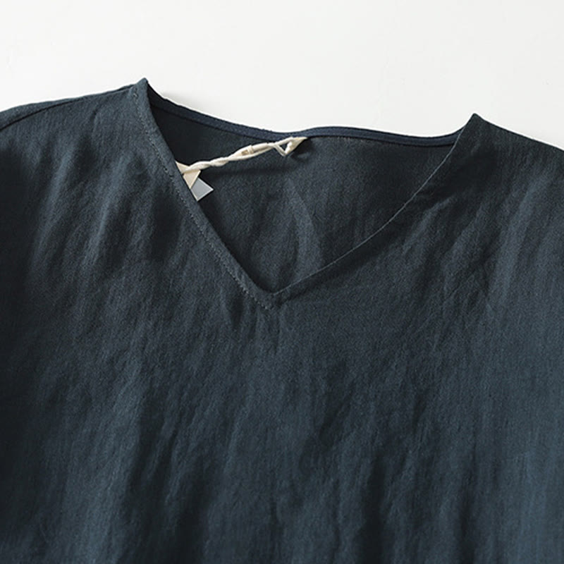 Abito midi in lino e cotone con maniche corte, scollo a V, modello casual estivo Buddha Stones, con tasche, modello semplice - image 10