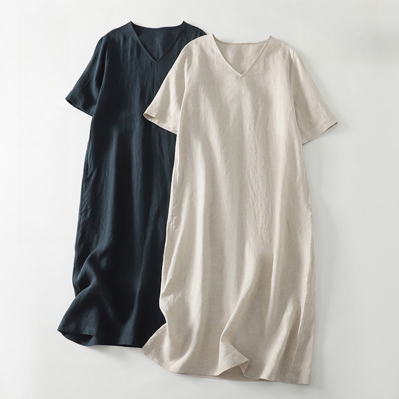 Abito midi in lino e cotone con maniche corte, scollo a V, modello casual estivo Buddha Stones, con tasche, modello semplice - image 14