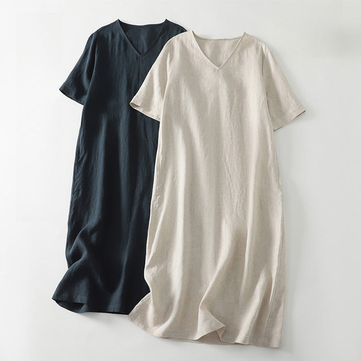 Abito midi in lino e cotone con maniche corte, scollo a V, modello casual estivo Buddha Stones, con tasche, modello semplice - image 14