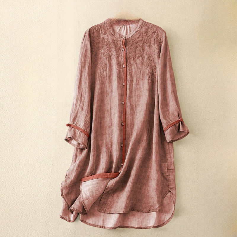 Abito midi estivo casual con colletto alla coreana e maniche a tre quarti, ricamato Buddha Stones. - Corallo chiaro - US8-10, UK/AU12-14, EU40-42 (2XL) - image 6