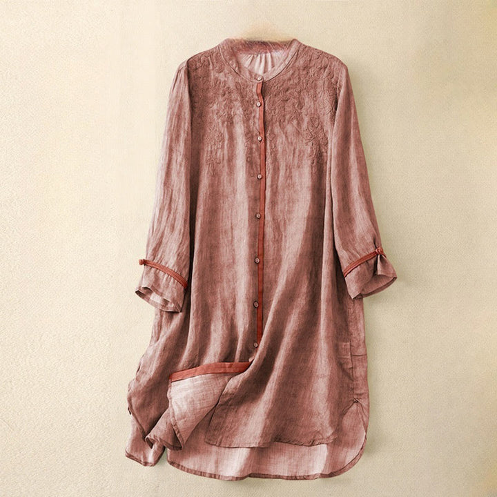 Abito midi estivo casual con colletto alla coreana e maniche a tre quarti, ricamato Buddha Stones. - Corallo chiaro - US8-10, UK/AU12-14, EU40-42 (2XL) - image 6