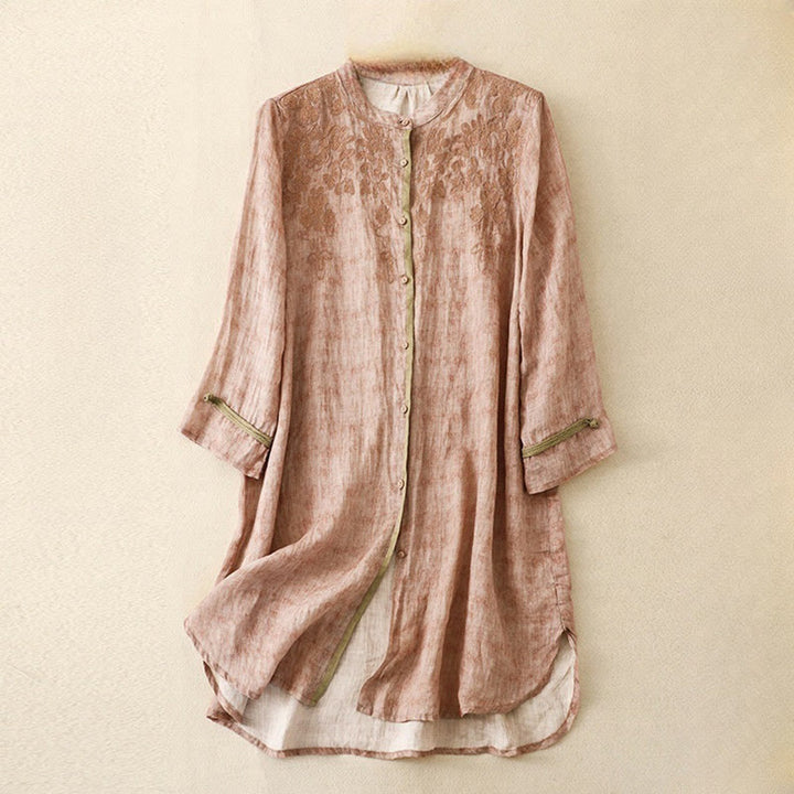 Abito midi estivo casual con colletto alla coreana e maniche a tre quarti, ricamato Buddha Stones. - Rosa - US8-10, UK/AU12-14, EU40-42 (2XL) - image 18