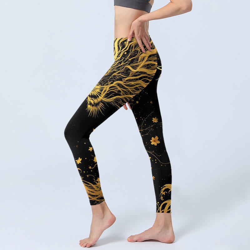 Leggings da palestra con stampa a motivo di drago dorato Buddha Stones, pantaloni da yoga da donna - image 3