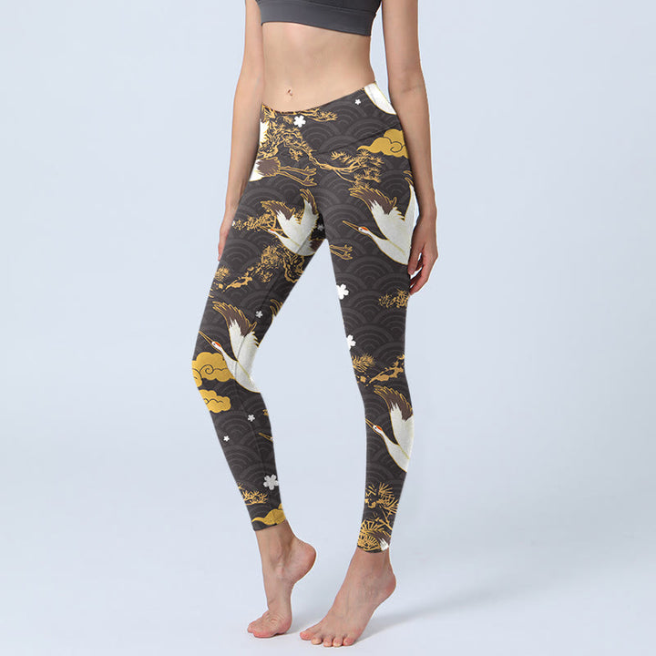 Leggings da palestra con stampa a motivo di Buddha Stones , motivo a nuvola dorata di buon auspicio, ramo di pino e gru, pantaloni da yoga da donna - Nero - US18, UK/AU22, EU50 (4XL) - image 0