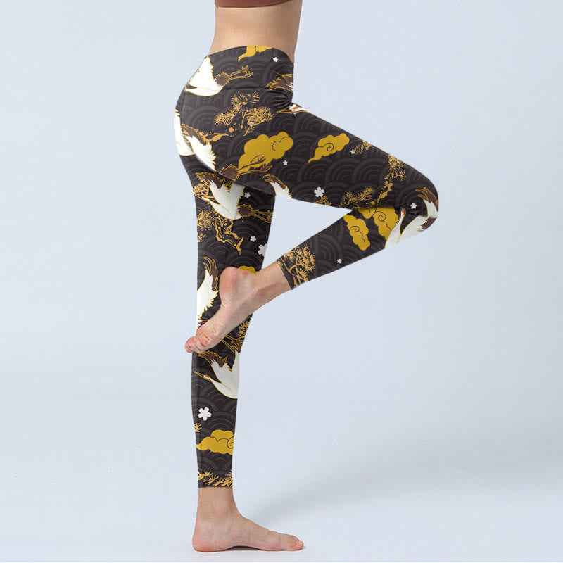 Leggings da palestra con stampa a motivo di Buddha Stones , motivo a nuvola dorata di buon auspicio, ramo di pino e gru, pantaloni da yoga da donna - image 4