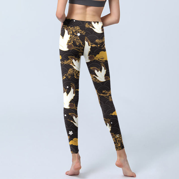 Leggings da palestra con stampa a motivo di Buddha Stones , motivo a nuvola dorata di buon auspicio, ramo di pino e gru, pantaloni da yoga da donna - image 7