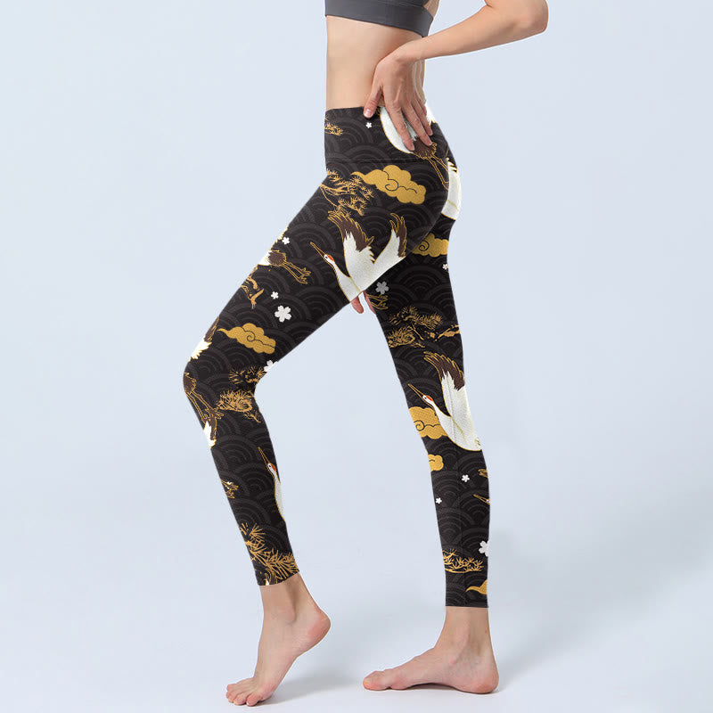 Leggings da palestra con stampa a motivo di Buddha Stones , motivo a nuvola dorata di buon auspicio, ramo di pino e gru, pantaloni da yoga da donna - image 3