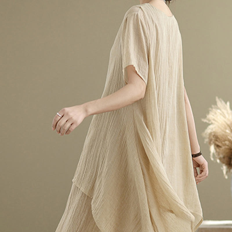 Abito midi a doppio strato in misto cotone e lino, estivo, casual, con scollo a giro e maniche corte, modello Buddha Stones