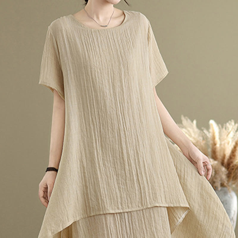 Abito midi a doppio strato in misto cotone e lino, estivo, casual, con scollo a giro e maniche corte, modello Buddha Stones