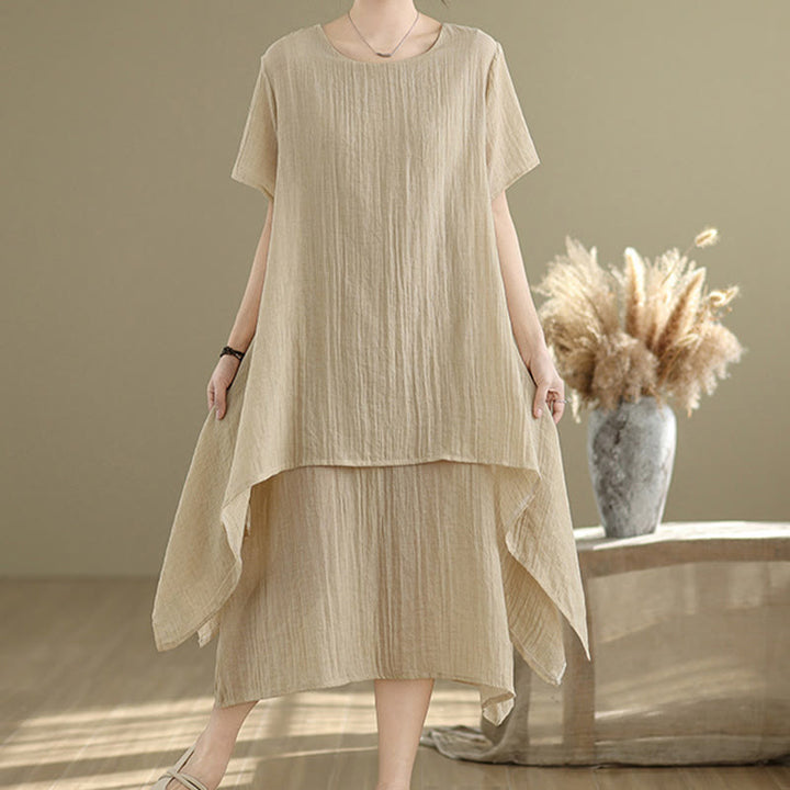 Abito midi a doppio strato in misto cotone e lino, estivo, casual, con scollo a giro e maniche corte, modello Buddha Stones