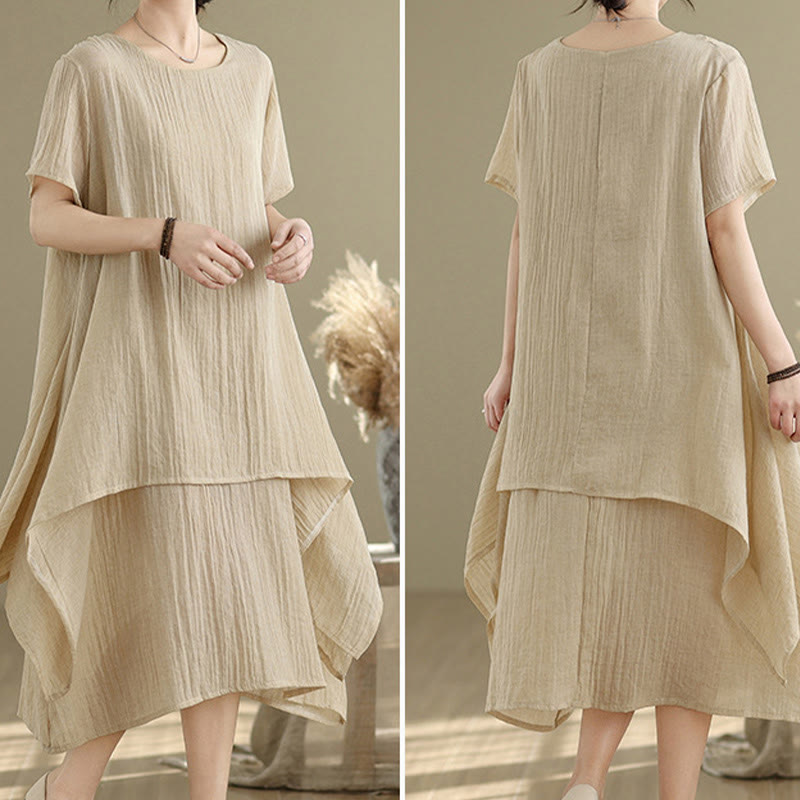 Abito midi a doppio strato in misto cotone e lino, estivo, casual, con scollo a giro e maniche corte, modello Buddha Stones