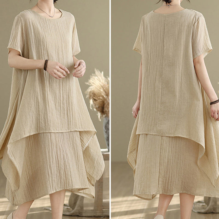 Abito midi a doppio strato in misto cotone e lino, estivo, casual, con scollo a giro e maniche corte, modello Buddha Stones