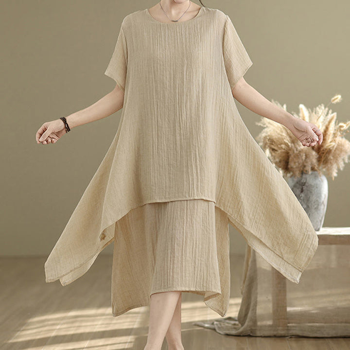 Abito midi a doppio strato in misto cotone e lino, estivo, casual, con scollo a giro e maniche corte, modello Buddha Stones