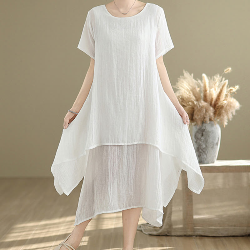 Abito midi a doppio strato in misto cotone e lino, estivo, casual, con scollo a giro e maniche corte, modello Buddha Stones