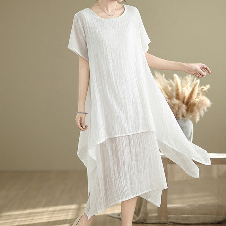 Abito midi a doppio strato in misto cotone e lino, estivo, casual, con scollo a giro e maniche corte, modello Buddha Stones