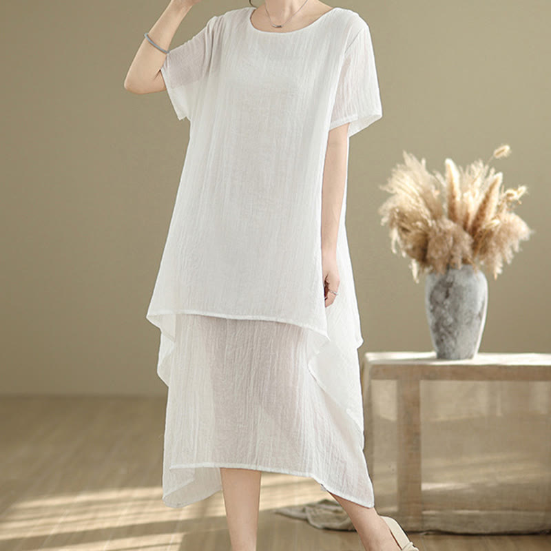 Abito midi a doppio strato in misto cotone e lino, estivo, casual, con scollo a giro e maniche corte, modello Buddha Stones