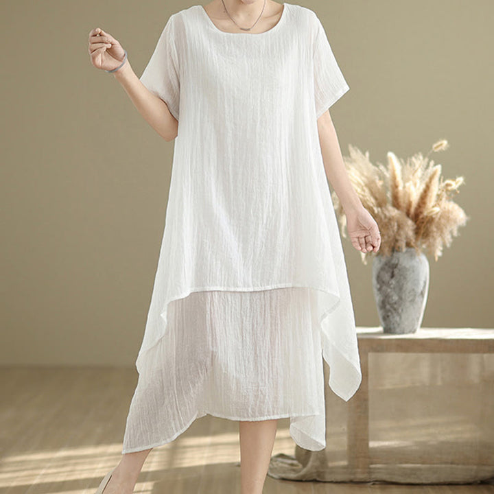 Abito midi a doppio strato in misto cotone e lino, estivo, casual, con scollo a giro e maniche corte, modello Buddha Stones