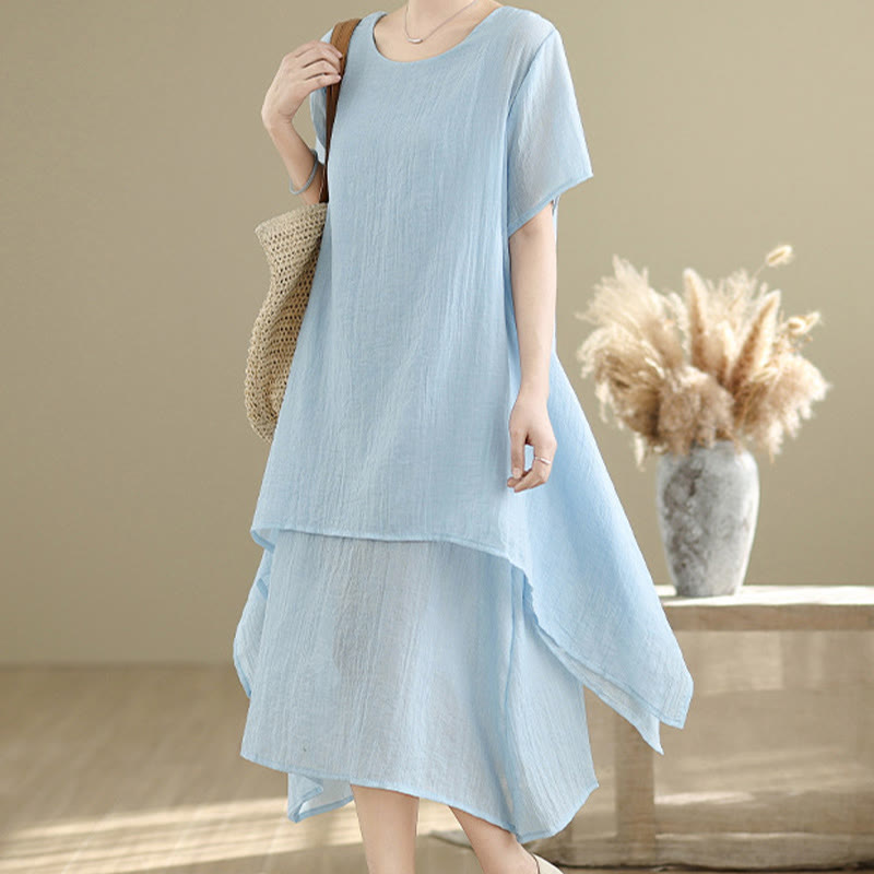 Abito midi a doppio strato in misto cotone e lino, estivo, casual, con scollo a giro e maniche corte, modello Buddha Stones