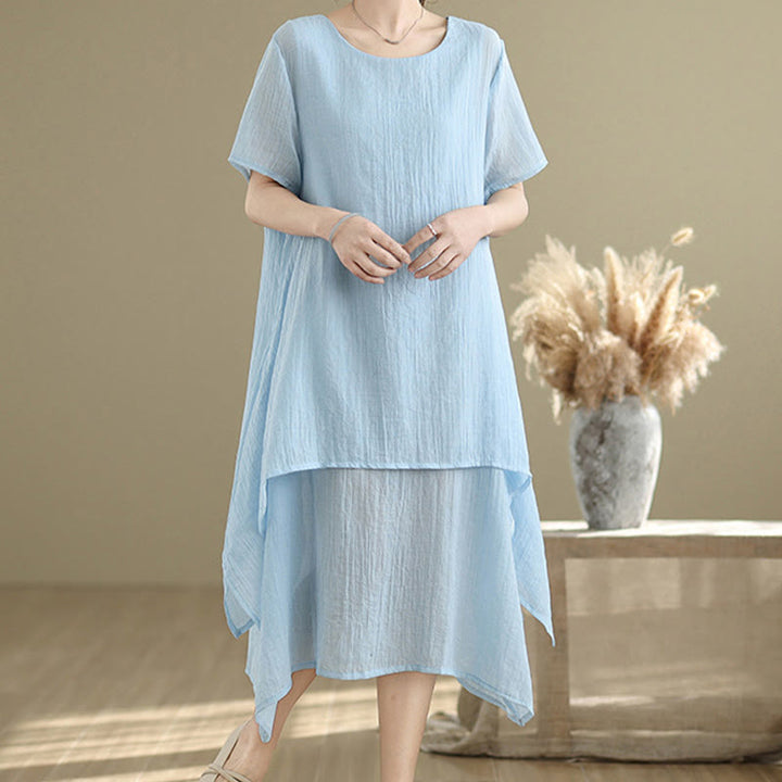 Abito midi a doppio strato in misto cotone e lino, estivo, casual, con scollo a giro e maniche corte, modello Buddha Stones
