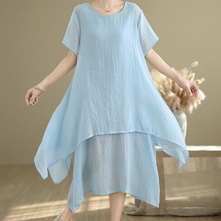 Abito midi a doppio strato in misto cotone e lino, estivo, casual, con scollo a giro e maniche corte, modello Buddha Stones