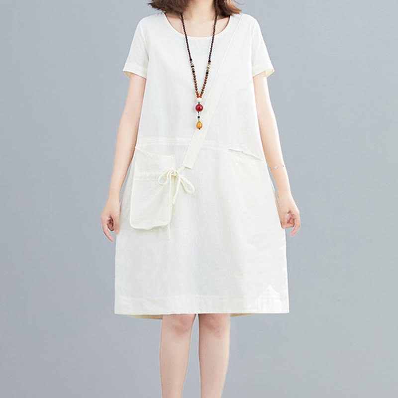 Abito midi in lino e cotone con tasche, casual estivo, con lacci, girocollo, manica corta, Buddha Stones - image 2