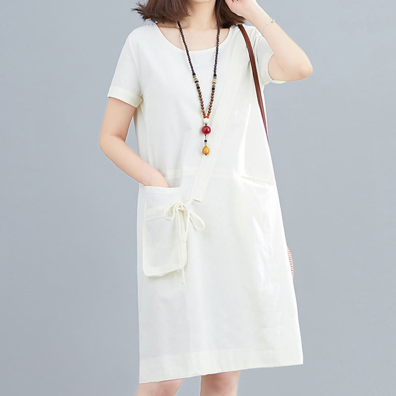 Abito midi in lino e cotone con tasche, casual estivo, con lacci, girocollo, manica corta, Buddha Stones - image 1