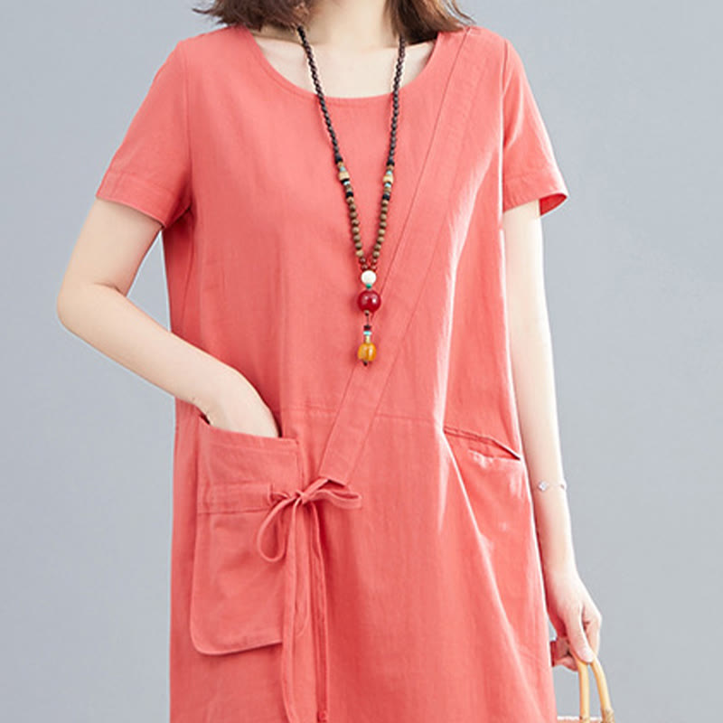 Abito midi in lino e cotone con tasche, casual estivo, con lacci, girocollo, manica corta, Buddha Stones - image 6