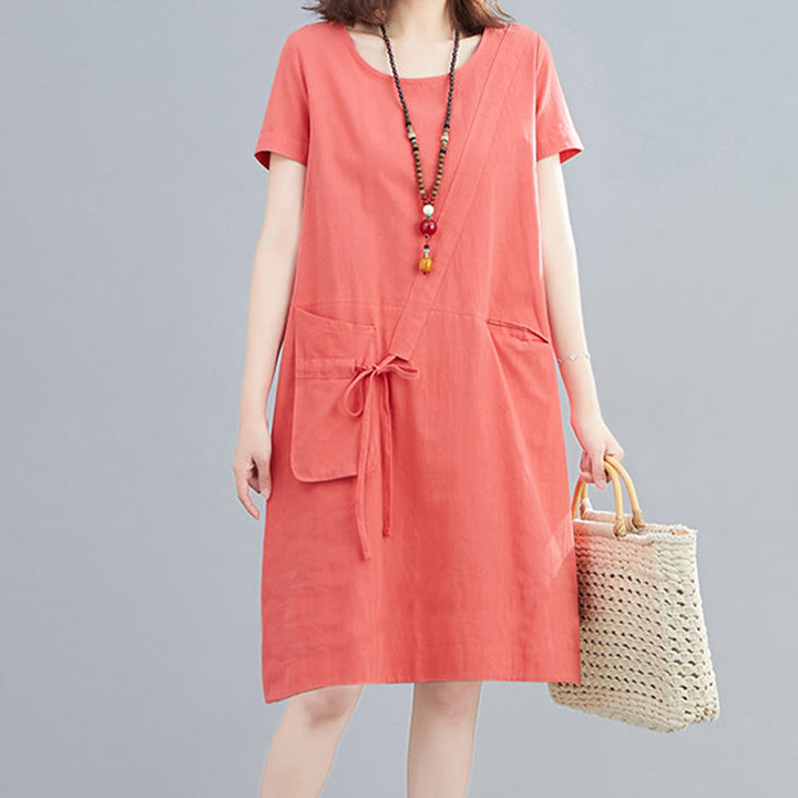 Abito midi in lino e cotone con tasche, casual estivo, con lacci, girocollo, manica corta, Buddha Stones - image 8