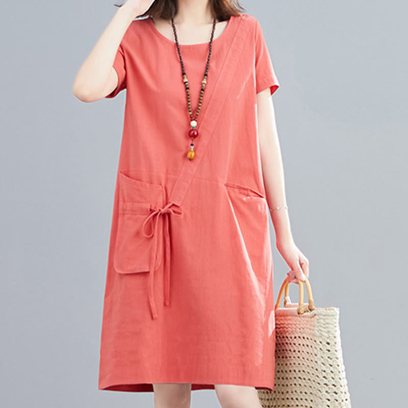 Abito midi in lino e cotone con tasche, casual estivo, con lacci, girocollo, manica corta, Buddha Stones - image 7