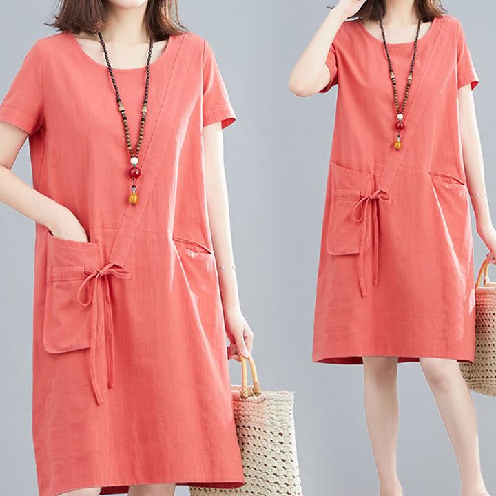 Abito midi in lino e cotone con tasche, casual estivo, con lacci, girocollo, manica corta, Buddha Stones - image 10