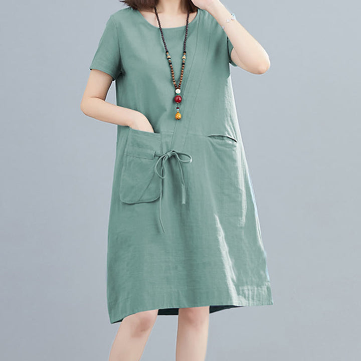 Abito midi in lino e cotone con tasche, casual estivo, con lacci, girocollo, manica corta, Buddha Stones - image 18