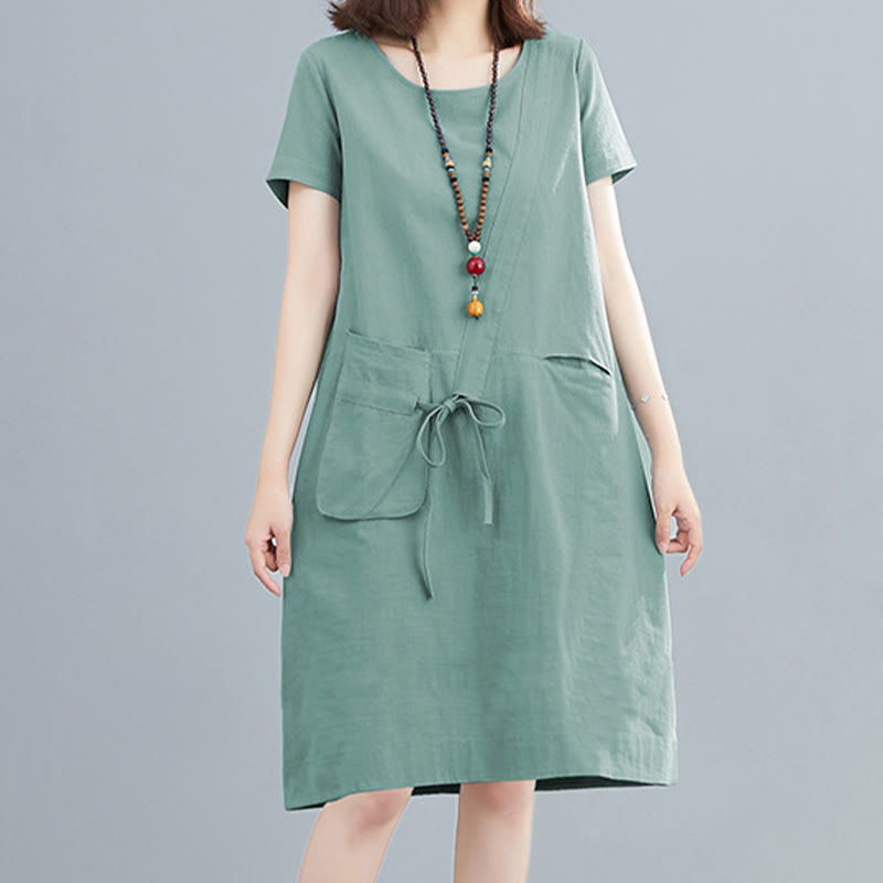 Abito midi in lino e cotone con tasche, casual estivo, con lacci, girocollo, manica corta, Buddha Stones - image 17