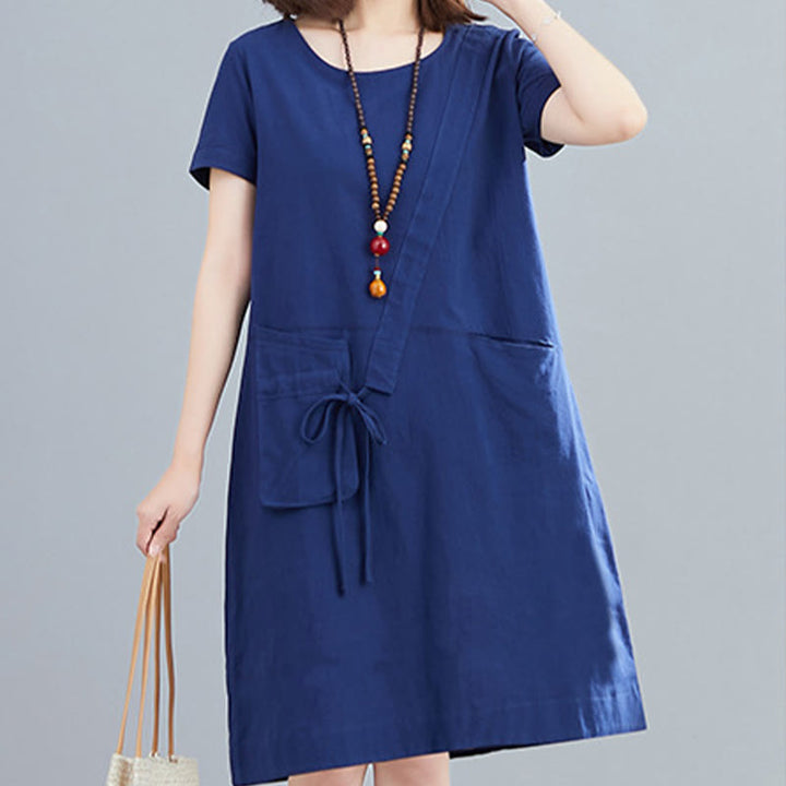 Abito midi in lino e cotone con tasche, casual estivo, con lacci, girocollo, manica corta, Buddha Stones - image 22