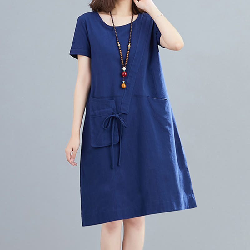 Abito midi in lino e cotone con tasche, casual estivo, con lacci, girocollo, manica corta, Buddha Stones - Blu medio - US8-10, UK/AU12-14, EU40-42 (2XL) - image 21