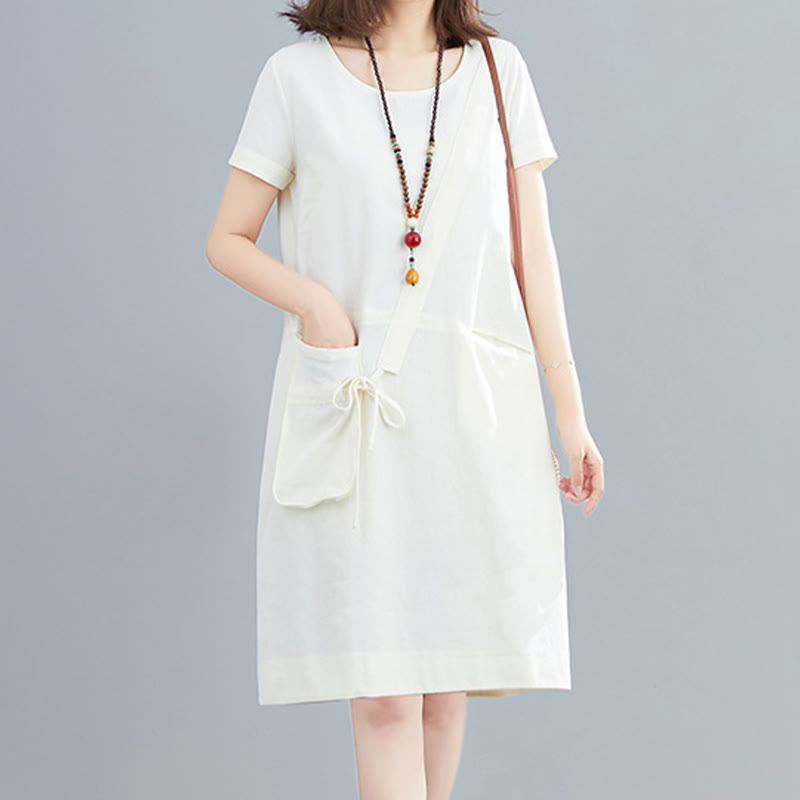 Abito midi in lino e cotone con tasche, casual estivo, con lacci, girocollo, manica corta, Buddha Stones - Bianco - US8-10, UK/AU12-14, EU40-42 (2XL) - image 0